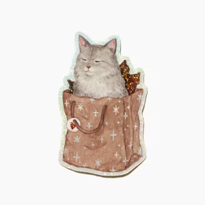 Sticker Holographique Chat Paquet Cadeau